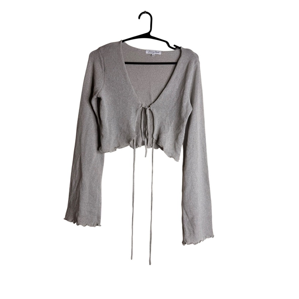 Emory Park Metallic Silver Knit S  Crop Cardigan Y2K Top Tie Front Bell Sleeve